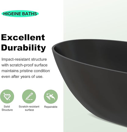 67" Premium Solid Surface Freestanding Bathtubs, Matte Black Oval Stone Resin Tub with Overflow and Pop-up Drain