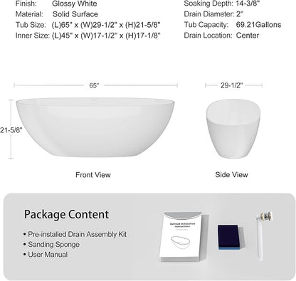 Abruzzo 65" Glossy White Freestanding Solid Surface Bathtub, Luxury Handcrafted Stone Resin Freestanding Soaking Bathtub with Overflow and Pop-up Drain