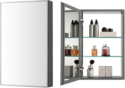Blossom 15x26 Inch Aluminum Medicine Cabinet with Mirror – Recessed or Surface Wall Mounted Bathroom Storage with Adjustable Glass Shelves, Soft Close Hinges, Rust-Resistant and Modern Mirrored Design
