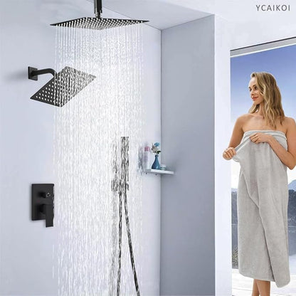 Shower Faucet Set Matte Black Shower System, Knob Switch Diverter Shower Faucet with High Pressure Handheld Spray, Ceiling Mount 10 Inch Shower Head with 6 Inch Wall Mount Shower Head