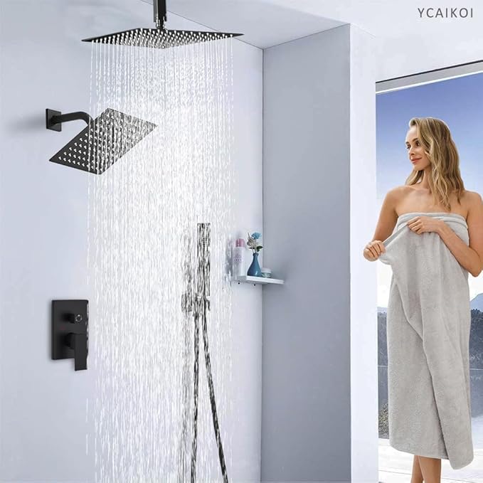 Shower Faucet Set Matte Black Shower System, Knob Switch Diverter Shower Faucet with High Pressure Handheld Spray, Ceiling Mount 12 Inch Shower Head with 6 Inch Wall Mount Shower Head