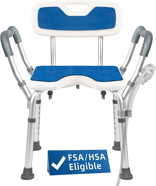 TooCust Extra Wide M-Shaped & Padded Armrests Shower Chair, 500lbs Capacity, Bariatric, Blue, Aluminum, Bath & Shower Safety Seating