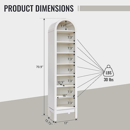 71" Tall Arched Bathroom Storage Cabinet, 8-Tier Modern Farmhouse Storage Cabinet with Adjustable Shelves, Wood Freestanding Cabinet for Bathroom, Living Room, Entryway, Hallway (Antique White)