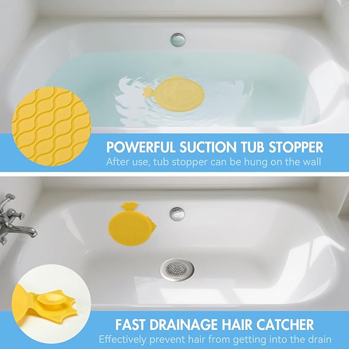 TRAPMATE Bathtub Drain Stopper/Protector/Hair Catcher Shower Drain/Easy Clean Hair Trap Strainer & Silicone Stopper for Tub, Sink (Yellow)