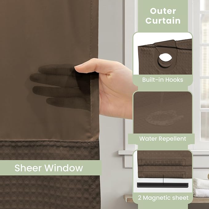 Inhousolu No Hook Shower Curtain with Snap in Fabric Liner Set Waffle Weave 230GSM Weighted Hem, Waterproof & Washable Bathroom Curtain Spa Luxury with Mesh Top Window 72" W x 72" L Brown