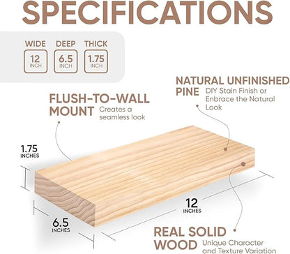 Homeforia Wood Floating Shelf 12 inch, High End Solid Natural Wood 12inch Floating Shelves for Wall Mounted, Unfinished Small Wooden Floating Shelves, Heavy Duty Bracket, 12 X 6.5 X 1.75 in, Set of 4