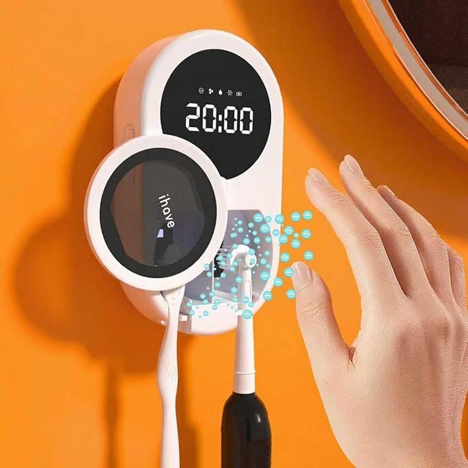 iHave Toothbrush Sanitizer Holder, UV Toothbrush Holders with 100M Negative Ions for 360° Disinfection, Mold Control & Odor Neutralization, Heated & Fan Drying 2-Slot Toothbrush Holder Wall Mounted