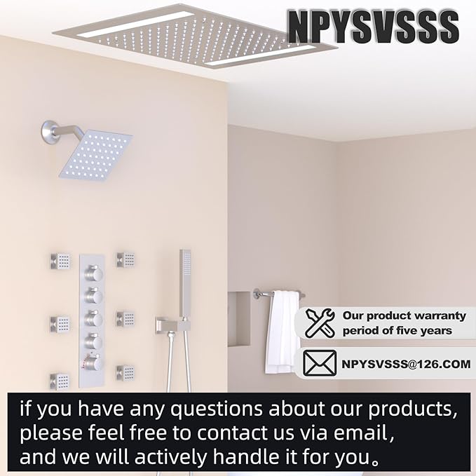 Thermostatic Shower System with 14x20 Inch Ceiling Mount LED Head & 6 Inch Wall Head and Handheld Shower 4 Function Vale with body jets Can All Run Together,Brushed Nickel
