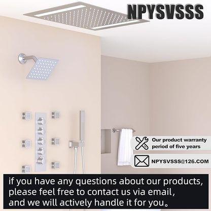 Thermostatic Shower System with 14x20 Inch Ceiling Mount LED Head & 6 Inch Wall Head and Handheld Shower 4 Function Vale with body jets Can All Run Together,Brushed Nickel
