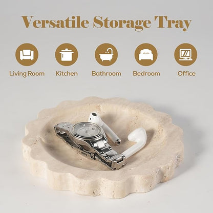 Koville Travertine Jewelry Tray, 5.51" Round Trinket Dish for Ring Necklace Earring Perfume, Natural Scalloped Decorative Tray for Countertop Bathroom Kitchen Dresser, Beige Stone Tray