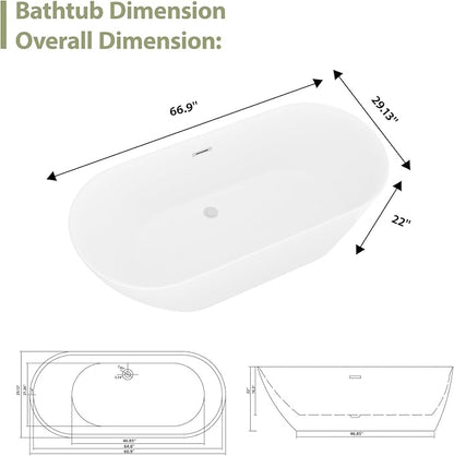 Mocoloo 67" Acrylic Freestanding Bathtub Contemporary Soaking White Bath Tub with Gold Overflow and Drain