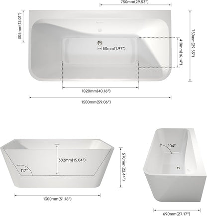 59" Acrylic Back-to-Wall Bathtub,Freestanding Bathtubs, Stand Alone Tub, Soaking Tubs for Bathroom, Integrated Overflow and Drain, cUPC Certified, Gloss White