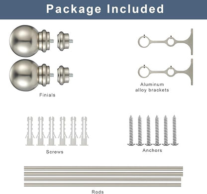 Double Curtain Rod 28 to 48 inch, Adjustable 1 inch Double Drapery Rod Rods for Windows and Doors with Ball Round Finials and Premium Aluminum Brackets Set (28-48",Brushed Nickel)