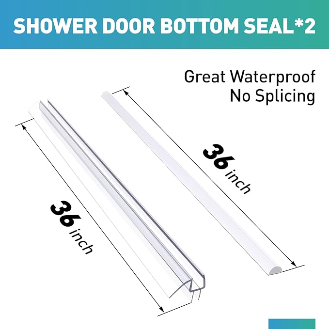 Shower Door Bottom Seal, 2 PCS 3/8" x 36" Shower Door Sweep for 3/8 Inch Glass, Frameless Glass Shower Door Seal Strip, Stop Shower Leaks and Create a Water Barrier