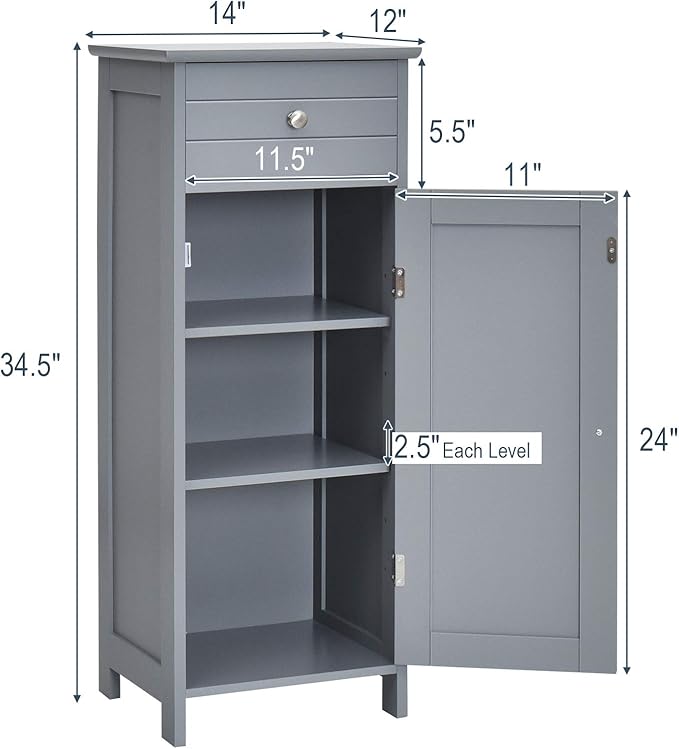 DORTALA Bathroom Floor Cabinet, Free-Standing Wooden Floor Storage Cabinet w/Large Drawer & 2 Adjustable Shelves, Morden Side Storage Bathroom Organizer Cabinet for Living Room, Grey
