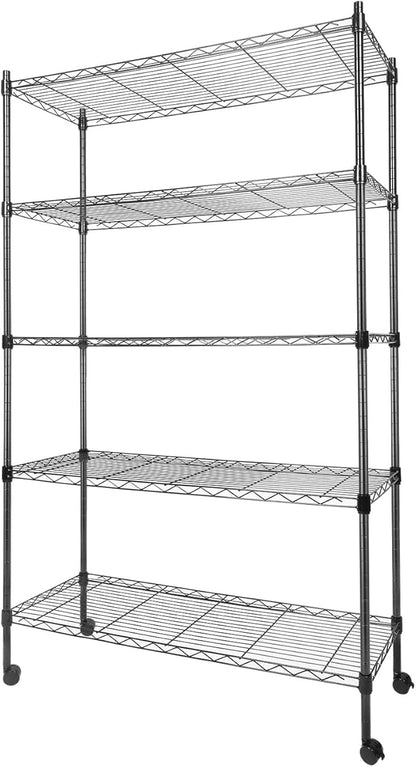 Whitmor 5 Tier Metal Storage Shelves, Heavy Duty with 4 Wheels & Adjustable Feet, 400 lbs Capacity per Shelf, Max 2000 lbs Total for Home, Garage, Workshop, 36" L x 14" W x 60" H, Black
