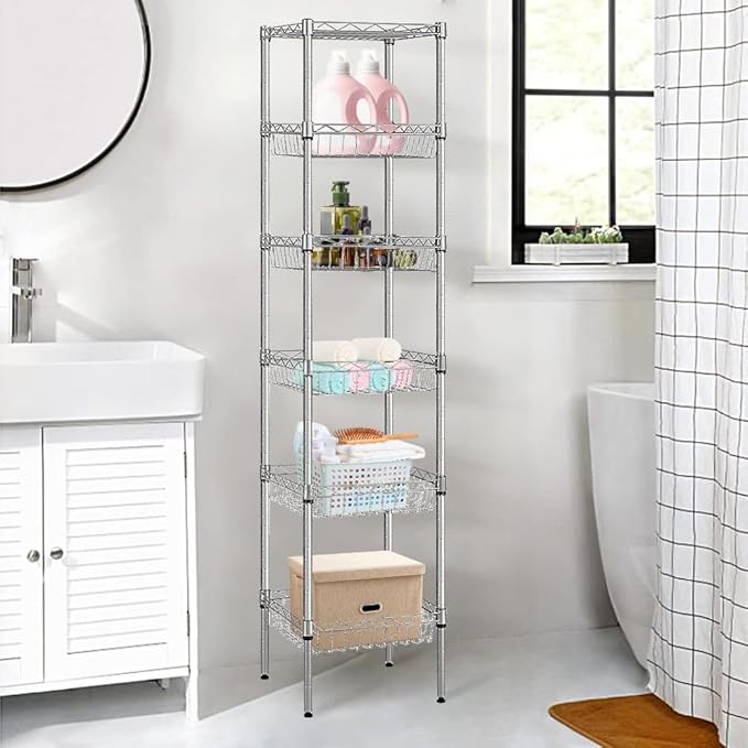 BNSPLY 6 Tier Wire Shelving Unit with Baskets Shelving, Height Adjustable Wire Shelves, Metal Storage Rack for Kitchen, Bathroom, Laundry Closet (13.5" D x 13.5" W x 63" H, Silver)