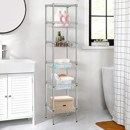 BNSPLY 6 Tier Wire Shelving Unit with Baskets Shelving, Height Adjustable Wire Shelves, Metal Storage Rack for Kitchen, Bathroom, Laundry Closet (13.5" D x 13.5" W x 63" H, Silver)