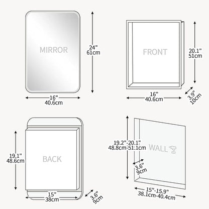 Rectangle Medicine Cabinet with Beveled Edge Mirror, No-Assembly Bathroom Wall Cabinet with Mirror, Adjustable Shelves, Tissue Slot, Recessed or Surface Mount (24" H x 16" W)