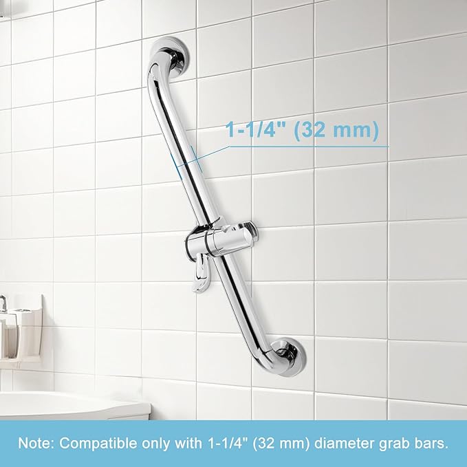 OFFO ADA Handshower Shower Grab Bar Head Holder, Universal Fit 1.25''(32mm) Hand Held Shower Bracket for Handicap Grab Bar, Detachable Bathroom Replacement, 360 Degree Rotation Sprayer Holder, Chrome