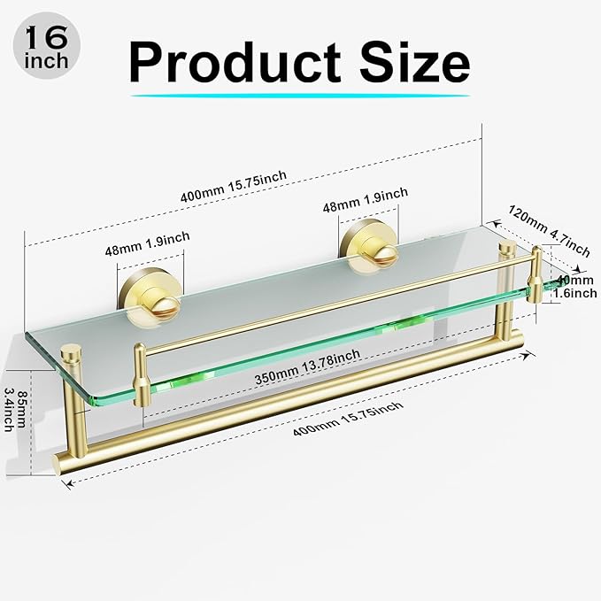 16-Inch Floating Tempered Glass Bathroom Shelf with Towel Bar - Brushed Gold & Stainless Steel, Wall Mount