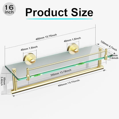 16-Inch Floating Tempered Glass Bathroom Shelf with Towel Bar - Brushed Gold & Stainless Steel, Wall Mount