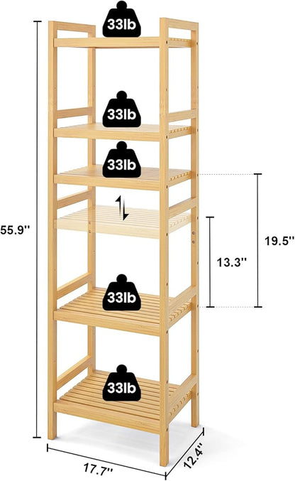 Homykic Bamboo Bookshelf, 5-Tier Narrow 55.9” Adjustable Book Shelf Bookcase Bathroom Shelves Freestanding Storage Stand for Living Room, Bedroom, Kitchen, Rust Resistance, Easy Assembly, Natural