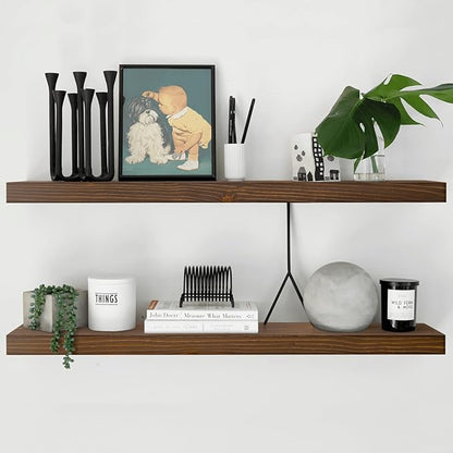 Homeforia Classic Walnut 60 inch Floating Shelf, High End Solid Real Wood Small 60inch Floating Shelves for Wall Mounted, 60in Floating Shelves, Heavy Duty Bracket, 60 X 6.5 X 1.75 inches, Set of 2