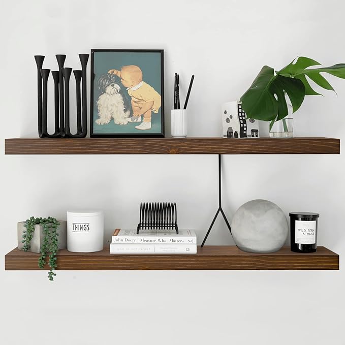 Homeforia Classic Walnut 60 inch Floating Shelf, High End Solid Real Wood Small 60inch Floating Shelves for Wall Mounted, 60in Floating Shelves, Heavy Duty Bracket, 60 X 6.5 X 1.75 inches, Set of 3