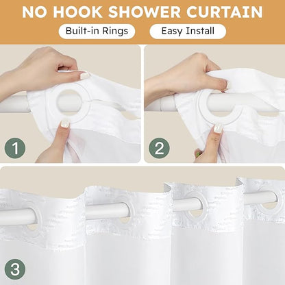 No Hook Shower Curtain and Snap in Liner Set White Tufted Chevron Striped Cloth Waterproof Washable Fabric Boho Bath Curtain with See Through Mesh Top Window for Bathroom Hotel 71" x 74"