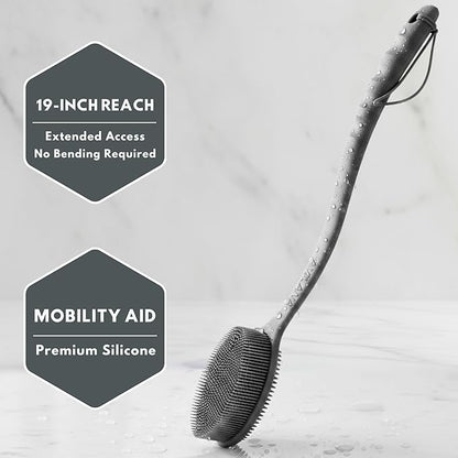 Long Handle Back Scrubber for Shower - 19 inch Extended Reach Silicone Body Brush - Avilana Bath Scrubber Extended Reach Tool - Easy Grip Body Wash Brush Gift