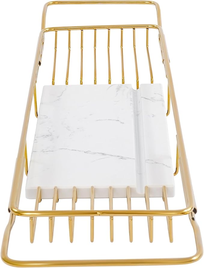 Bathtub Tray Caddy for Luxury Bath, Stainless Steel 26.8-35.4 in Expandable Extra Wide Bath Tub Tray with Natural Marble and Mobile/Tablet Stand, Ideal for Home Spa Lovers (Gold + White)