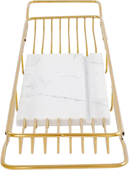Bathtub Tray Caddy for Luxury Bath, Stainless Steel 26.8-35.4 in Expandable Extra Wide Bath Tub Tray with Natural Marble and Mobile/Tablet Stand, Ideal for Home Spa Lovers (Gold + White)