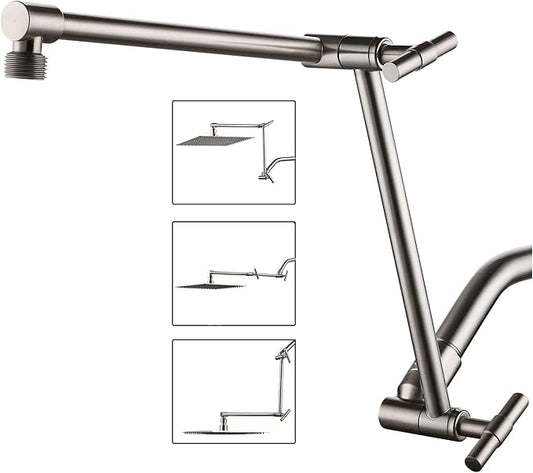 Brushed Nickel Shower Arm Extension - 13'' Adjustable Height & Range, Locking Nuts, Universal Connector for Rain & Handheld Shower Heads