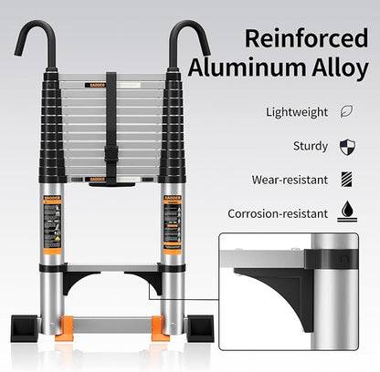 Telescoping Ladder,with Stable Hook and stabilizer barand,Extension Ladder, Heavy Duty 330lbs Max Capacity, Multi-Purpose Collapsible Ladder for RV or Outdoor Work (Aluminum, 8.5FT/2.6M(A-Button))