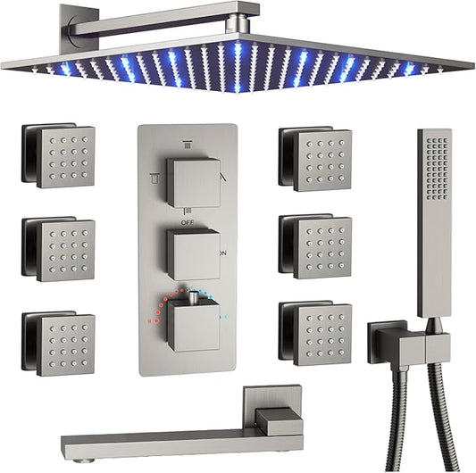 Brushed Nickel 4 Way Full Body Thermostatic Shower Faucet System 12 Inch Luxury Rain Shower System with Tub Spout, Handheld Shower and 6 PCS Body Jets Shower Fixtures