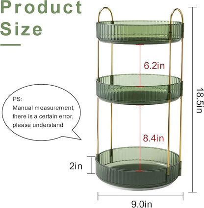 360° Rotating Makeup Organizer, Bathroom Make Up Spinning Holder Rack, Large Capacity Cosmetics Storage Vanity Shelf Countertop, Fits Cosmetics, Perfume, Skincare(3 Tiers, Green)