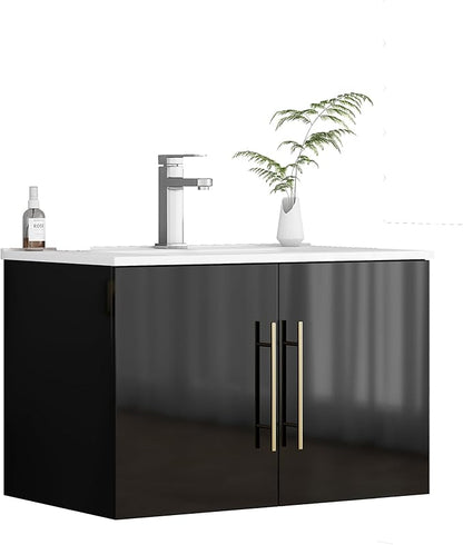 30" Wall Mounted Bathroom Vanity with Sink, High Gloss Black Floating Cabinet, Modern Gold Handles, Soft Close Doors, Integrated Ceramic Top for Powder Room