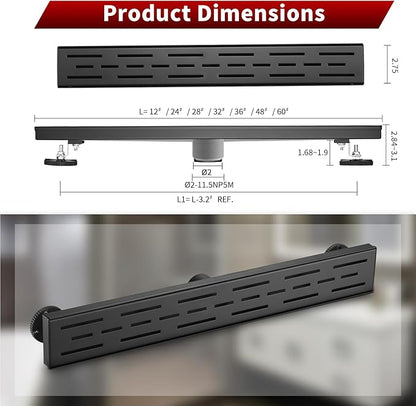 Sharp-tec Linear Shower Drain, 36 inch Shower Drain with Removable Pattern Cover, Matte Black 304 Stainless Steel Rectangle Floor Drain, Adjustable Feet and Hair Strainer Included (Model 101)