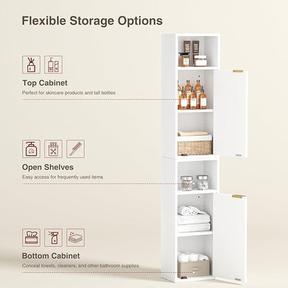 59.1" Tall Slim Bathroom Storage Cabinet White | Freestanding or Wall Mounted Modular Cabinet, Fluted Panel Linen Tower with Adjustable Shelves for Small Spaces
