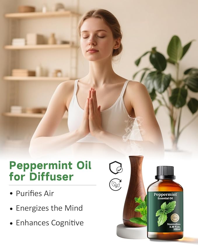 Peppermint Essential Oil Pure, Mumianhua Natural Peppermint Oil for Diffuser, Aromatherapy, Skin, Hair,SPA, DIY, Soap Making,Cleaning 3.38 Fl Oz