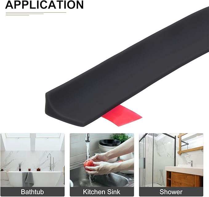 98"x0.8"x0.5" (LxWxH) Collapsible Shower Barrier Stopper - 1 Pack - Good for Bathroom Kitchen - L Shape Water Splash Guard Blocker - Black