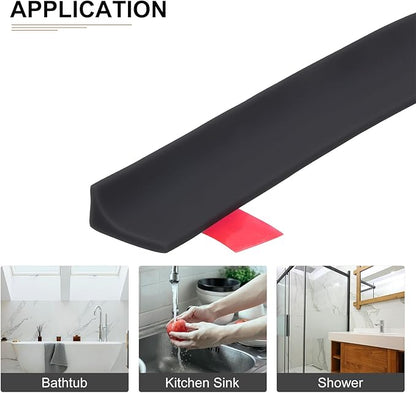 98"x0.8"x0.5" (LxWxH) Collapsible Shower Barrier Stopper - 1 Pack - Good for Bathroom Kitchen - L Shape Water Splash Guard Blocker - Black