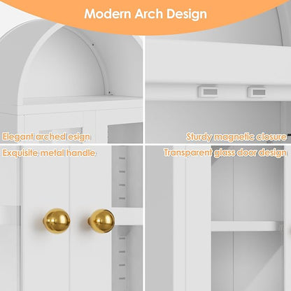 Arched Wall Cabinet, Bathroom Wall Mounted Cabinet with Glass Display Doors, Adjustable Shelves for Bathroom, Living Room, Dining Room, Laundry, Kitchen