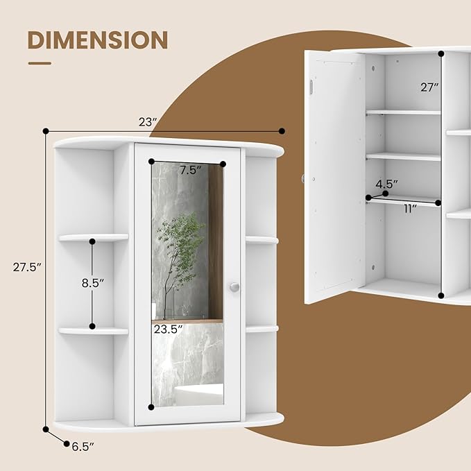 Tangkula Bathroom Medicine Cabinet, Wall Mounted Storage Cabinet with Mirror Door, Removable & 3 Adjustable Shelves, Wooden Hanging Wall Mirror Cabinet for Bathroom Living Room Laundry (White)