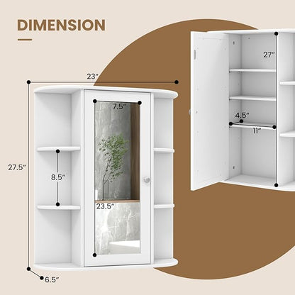 Tangkula Bathroom Medicine Cabinet, Wall Mounted Storage Cabinet with Mirror Door, Removable & 3 Adjustable Shelves, Wooden Hanging Wall Mirror Cabinet for Bathroom Living Room Laundry (White)
