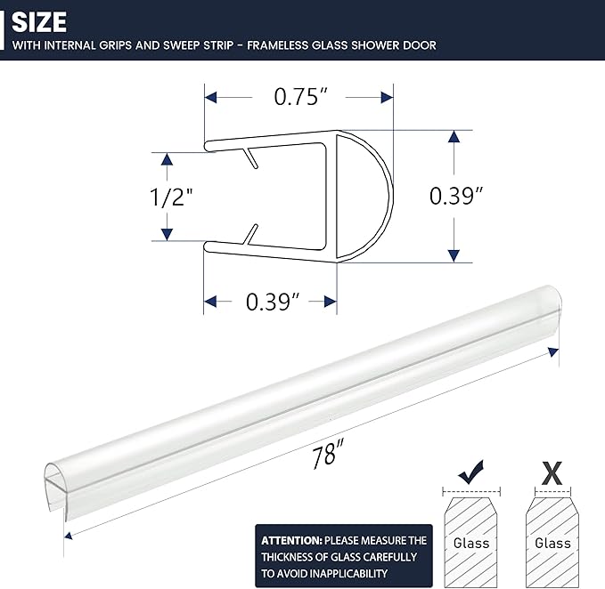 Shower Glass Door Side Seal, 2PCS 78 Inch Ultra Clear U-Shape PVC Seal Strip, for 1/2"(12mm) Thick Frameless Glass Door, to Stop Water Leakage
