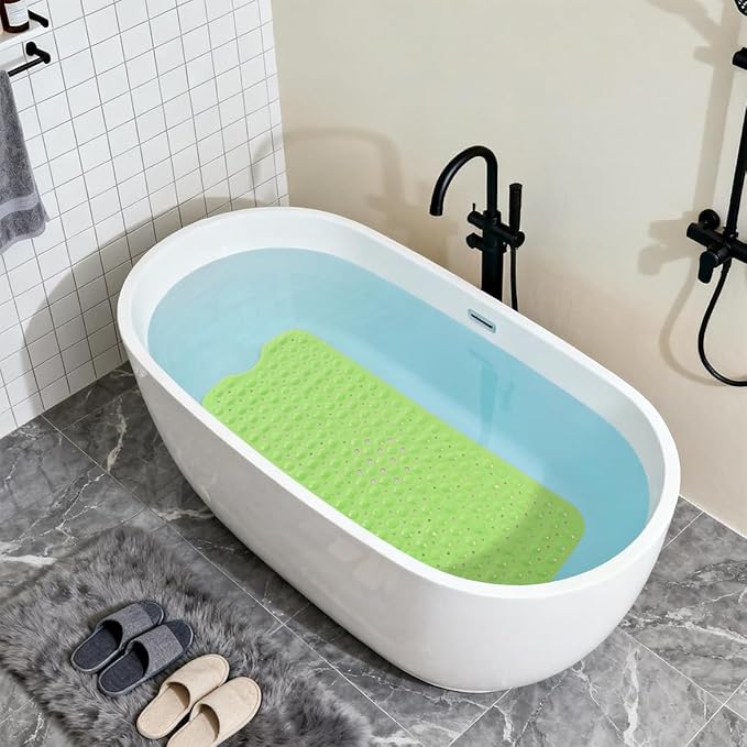Anti-Slip Bathtub Shower mat, 39.3×15.7 inch（Approximately 100 × 40cm） Soft Oversized Machine Washable Non-Slip Bathtub mat with Drainage Holes, Bathroom Floor Suction Cup.（1-Opaque Pea Green）