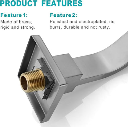 16 Inch S Shape Brushed Nickel Shower Head Arm, Square Wall Mounted Shower Arm and Flange Included