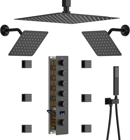 Rainfall Shower System with 12+8+8" Three Top Shower Heads, Body Jets and Handheld Shower,Matte Black Full Body Shower System with Digital Display Valve
